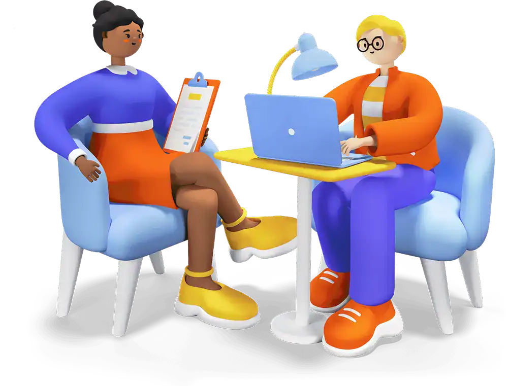 Two students in conversation β one reviewing a clipboard, the other working on a laptop β symbolizing career guidance and CV support.